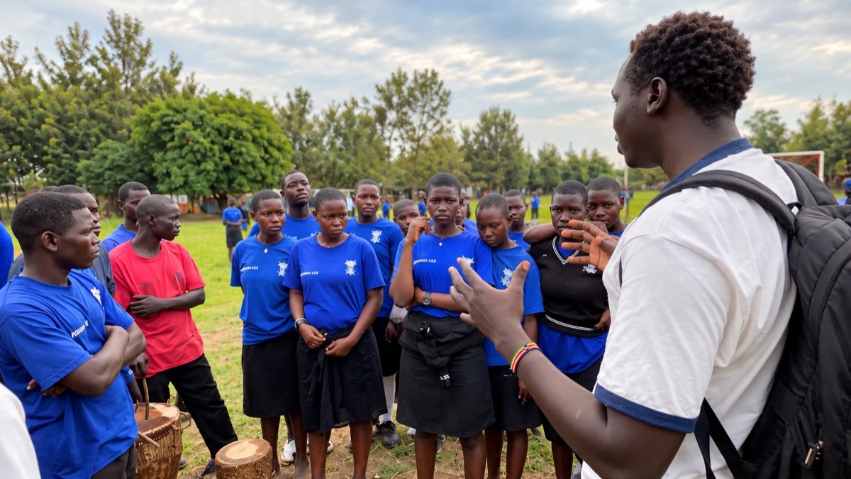 Young leader engaging a group of students during a community activity